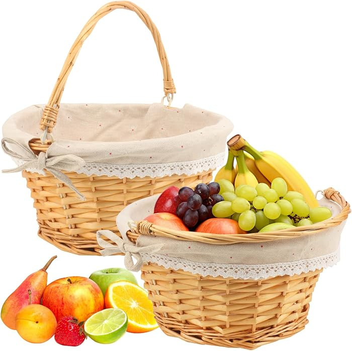 2 Pack 12 Inch Round Willow Basket, Wicker Basket with Double Handle, 12x12x6 Inch Willow Woven P... | Amazon (US)