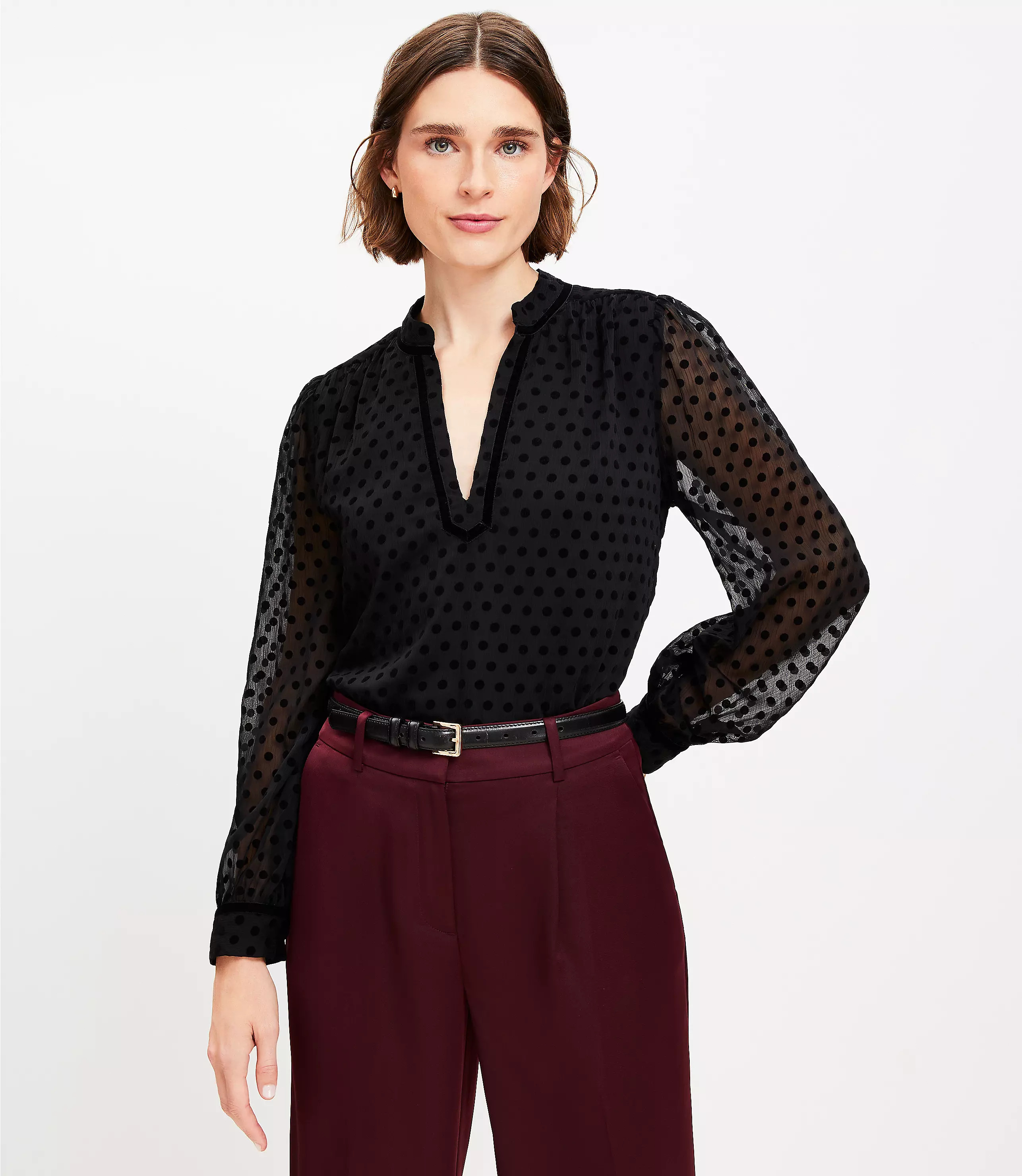 Velvet Dot Split Neck Blouse | LOFT