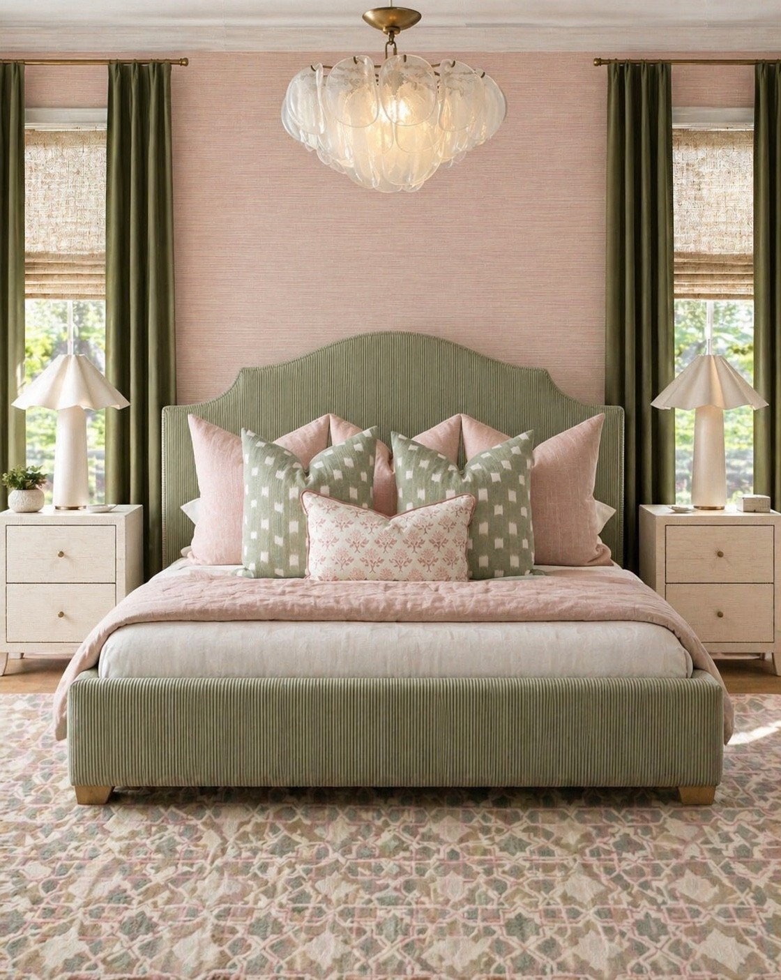 A pink and sage green bedroom filmed with texture 

#bedroom #bed 
#wallpaper #lighting #rug 

#LTKHome #LTKSaleAlert #LTKmomlife
