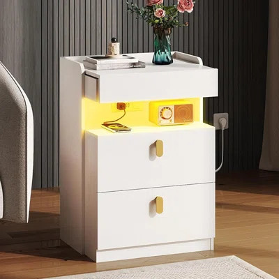 White Nightstand with Charging Station and LED Lights, Modern Bedside Table with Sliding Top and 2 Drawers, Functional End Table for Bedroom and Livin | Wayfair North America
