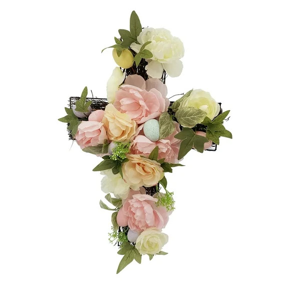 Way To Celebrate Easter Polyester Pink Peony Rose Natural Twig Cross Decoration, 20" | Walmart (US)