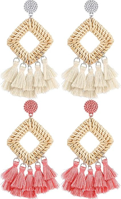 2 Pairs Rattan Tassel Earrings Bohemian Statement Woven Dangle Fringe Earrings Ethnic Tassel Drop... | Amazon (US)