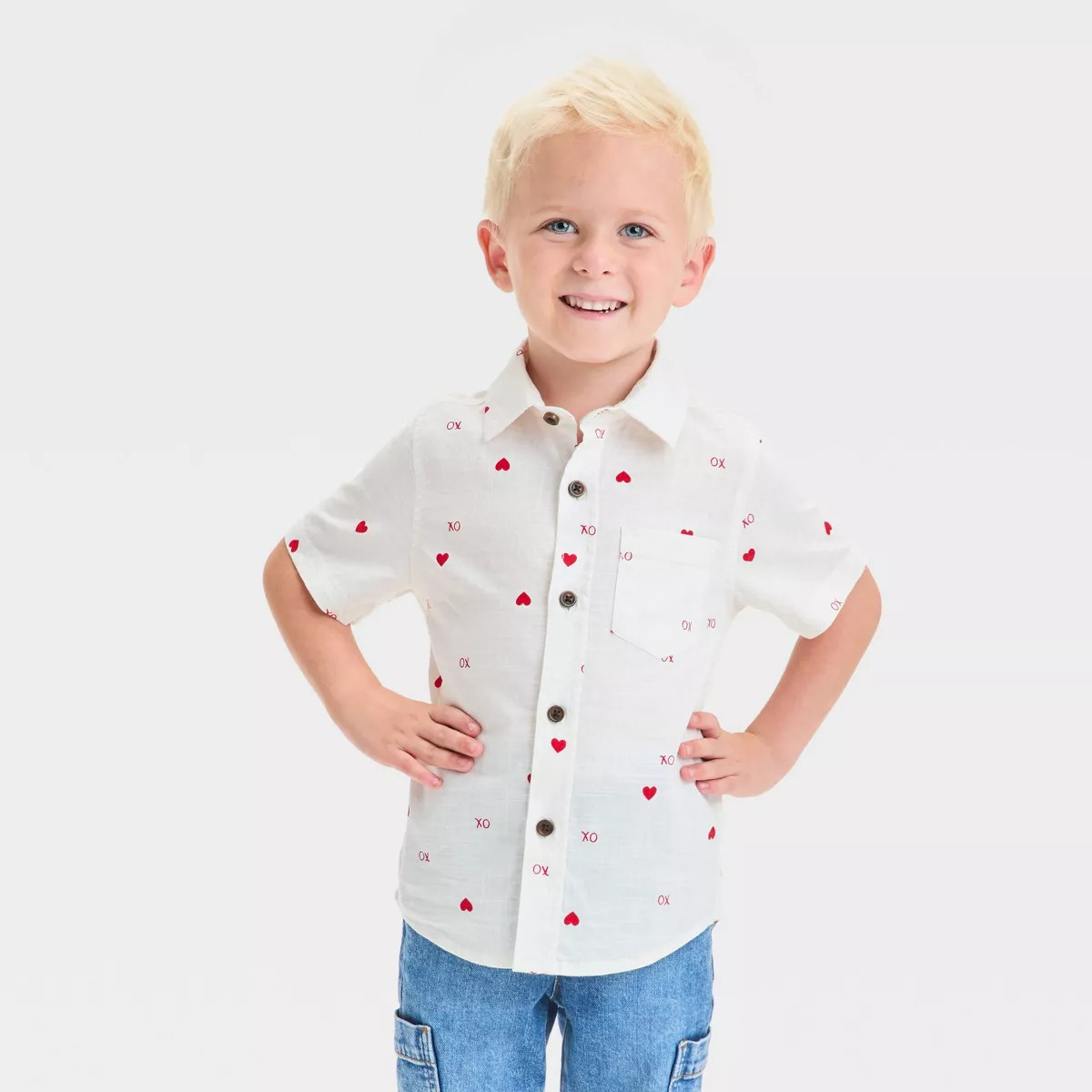 Toddler Boys' Short Sleeve Heart Printed Woven Shirt - Cat & Jack™ Cream | Target