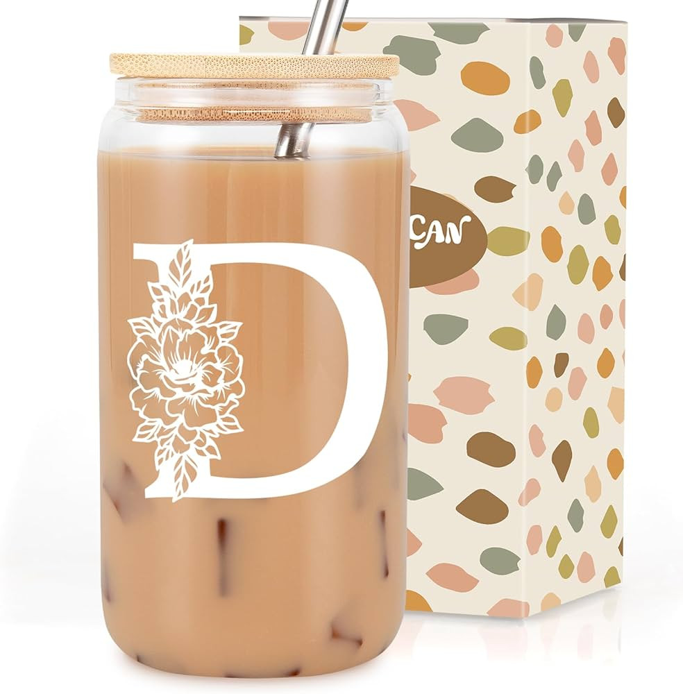 Coolife Initial Glass Cup, Monogrammed Gifts for Women, 16 oz Glass Cups w/Lids Straws, Iced Coff... | Amazon (US)