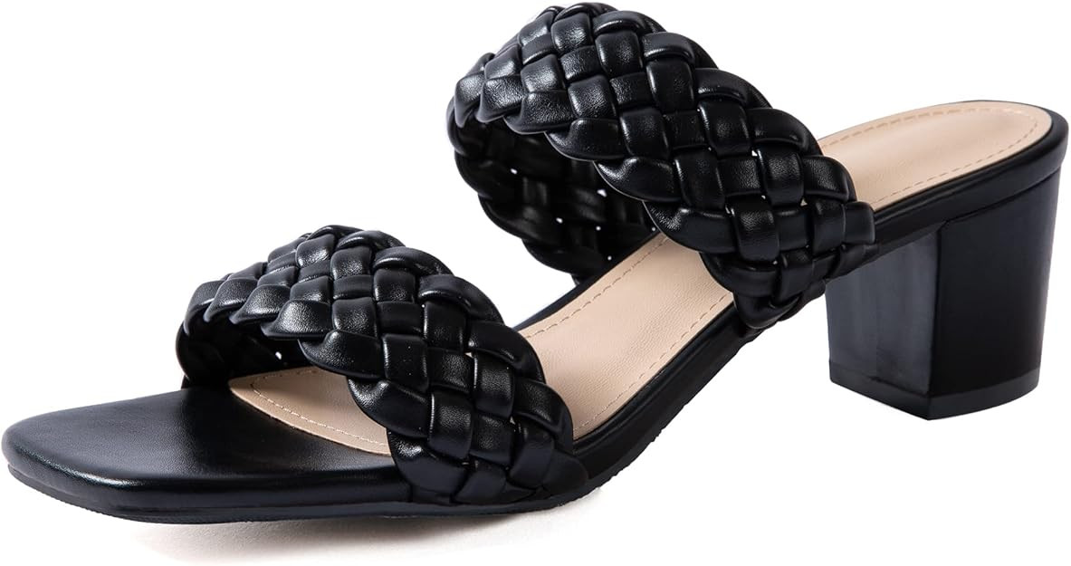 Women Heels Sandals Woven Chunky Heels Braided Nude Square Toes Leather Comfortable Strappy Dress... | Amazon (US)