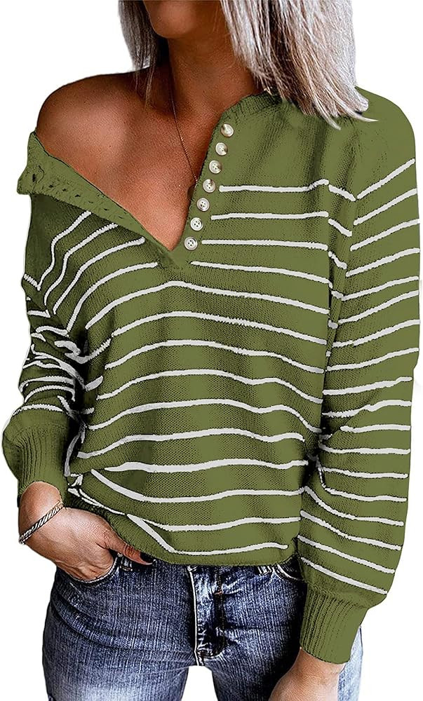 BTFBM Women's Sweaters Casual Long Sleeve Button Down Crew Neck Ruffle Knit Pullover Sweater Tops So | Amazon (US)