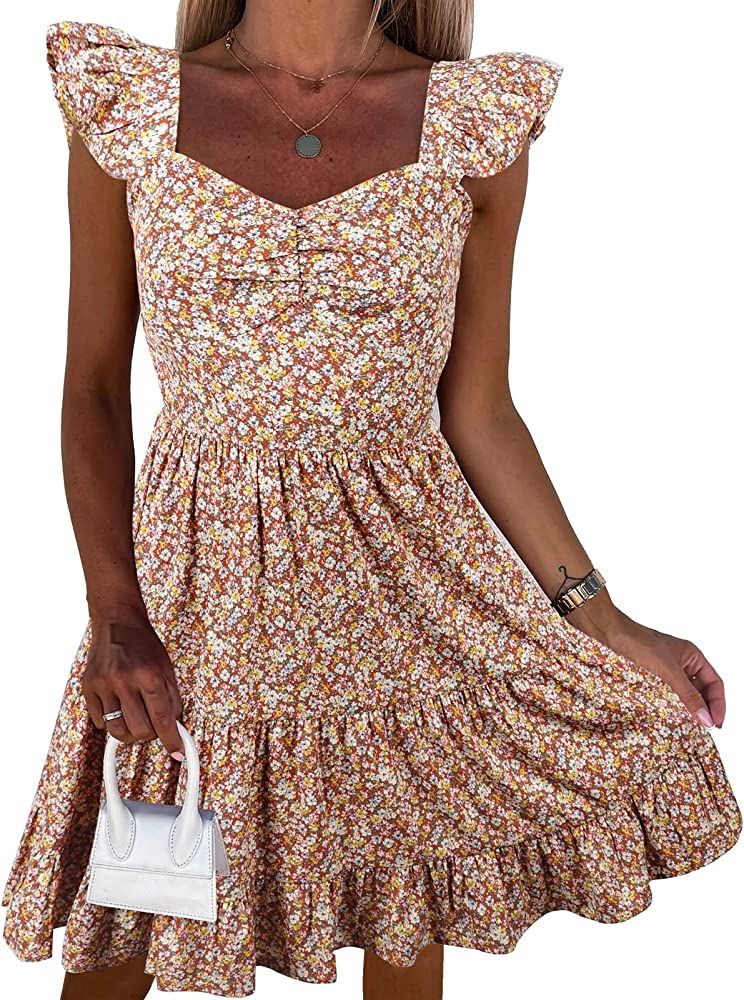 PRETTYGARDEN Women's Casual Summer Dress Floral Boho Ruffle Strap Tiered Mini Short Aline Beach Sun  | Amazon (US)