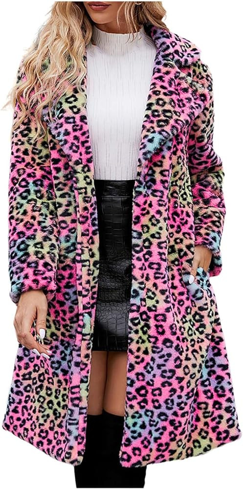Womens 2023 Winter Faux Fur Coat Leopard Print Fleece Long Jacket Retro Lapel Warm Overcoat Plus ... | Amazon (US)
