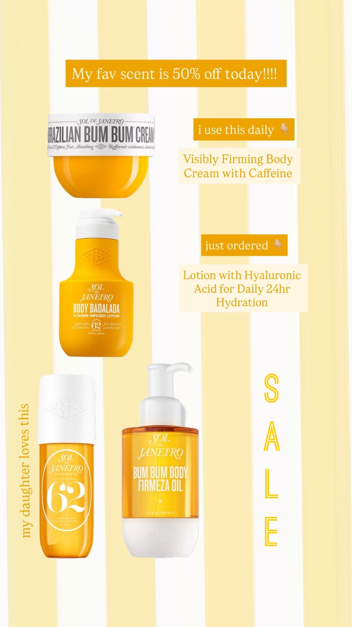 Sole De Janeiro sale today at Ulta!! 50% off these items- my fav scent. I use the firming lotion daily. 

Free shipping over $35 or so store pickup! 

Beauty 
Spray 
Body oil
Summer 

#LTKselfcare #LTKSpringSale #LTKBeauty