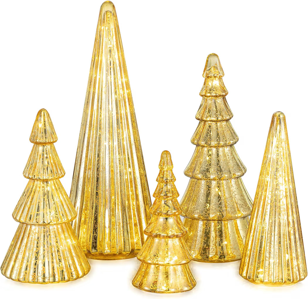 Glasseam Gold Christmas Centerpieces for Table: 5 Pcs Mercury Glass Christmas Tree with Lights Ta... | Amazon (US)
