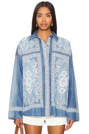 x We The Free Lace Embroidered Denim Shirt in Med Rancher Wash | Revolve Clothing (Global)