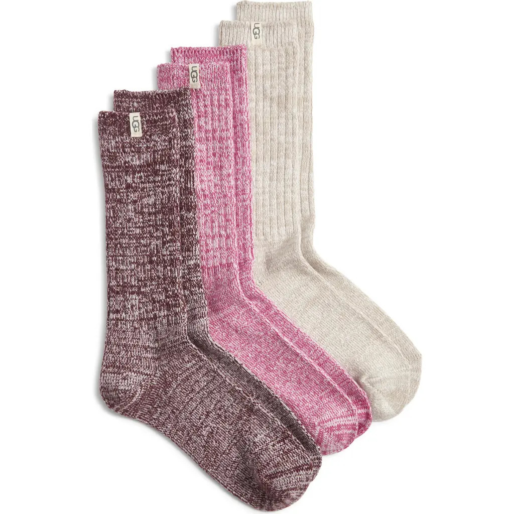 UGG(r) Assorted 3-Pack Slouchy Ribbed Crew Socks in Chrome Pink Putty Wild Grape at Nordstrom | Nordstrom