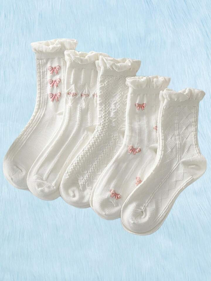 ROMWE Kawaii 5pairs Women Bow Pattern Crew Socks | SHEIN