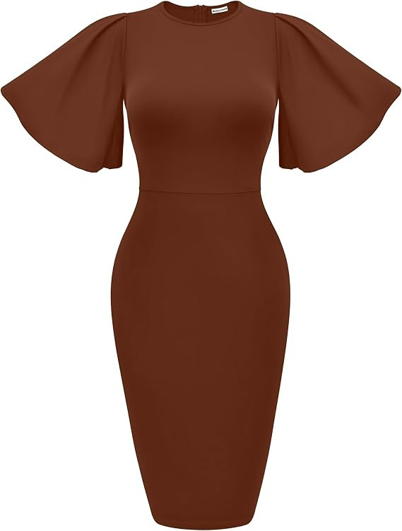 Memoriesea Women's Basic Bodycon Ruffle Flared Short Sleeve Pencil Midi Dress | Amazon (US)
