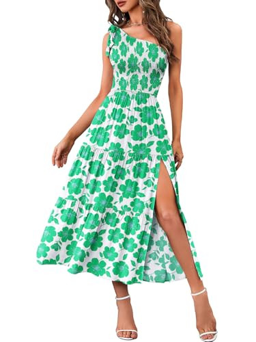 MEROKEETY Women's Summer One Shoulder Sleeveless Knot Smocked Midi Dress Split Tiered Flowy Dresses, GreenFloral, X-Large | Amazon (US)