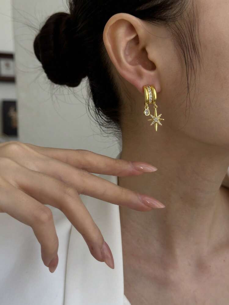 18k Gold-Plated Earrings, Versatile Textured Copper Inlaid 18k Gold Zirconia Earrings, Suitable F... | SHEIN