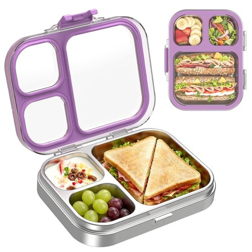 LOHASOK Kids Stainless Steel Lunch Bento Box BPA-Free Leak-Proof Tritan Lid 304 Metal Food Container with 3 Compartments for Girls Boys School Purple | Amazon (US)