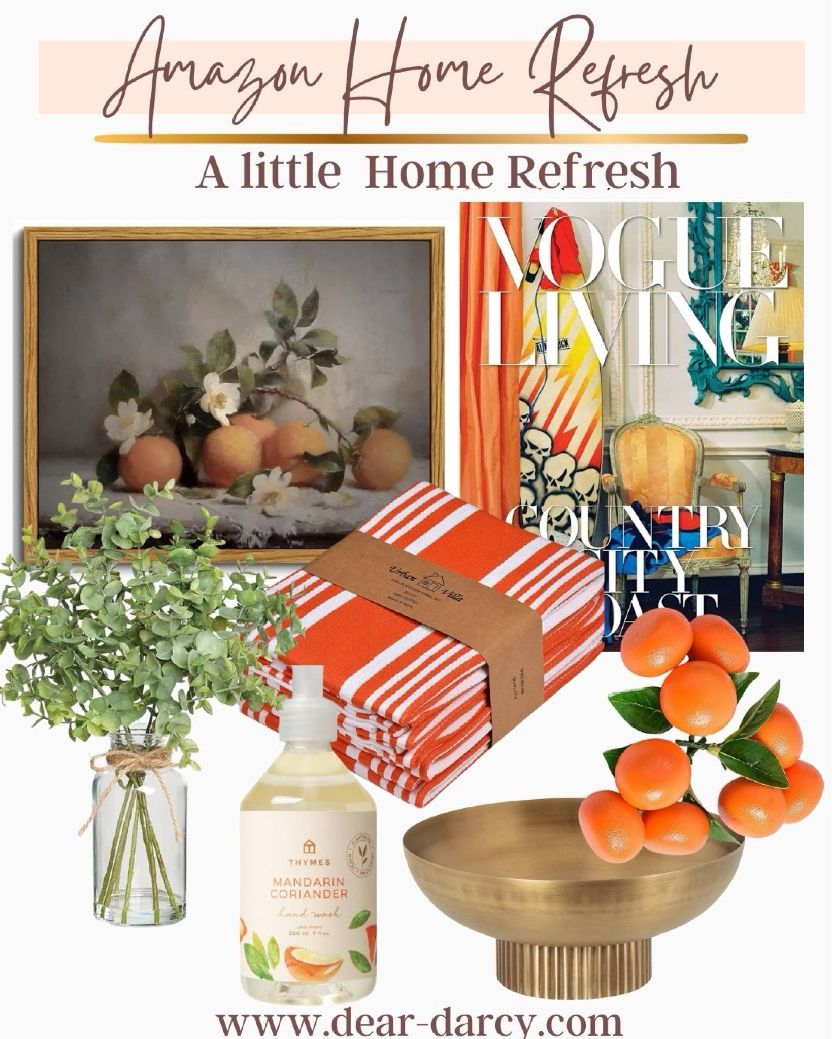 Amazon Home Finds 
For a Spring refresh 

Citrus print perfect for kitchen of dining room

Beautiful coffee table book Vogue living 

Great dish towels that actually dry

Slid arrangement 
Faux oranges and a gold bowl 

One of my favorite dish and hand soups by thyme 

#LTKStyleTip #LTKHome #LTKFindsUnder50