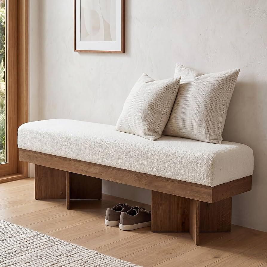 LITTLE TREE 55" Entryway Bench with Faux Lamb Wool, Upholstered Bench with X-Legs, for Living Roo... | Amazon (US)