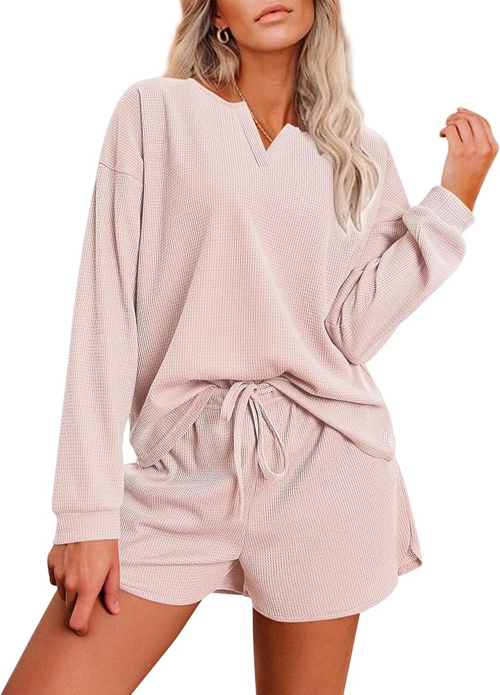 Ekouaer Pajama Set for Women Waffle Knit Lounge Sets Long Sleeve Top and Shorts Sleepwear Matchin... | Amazon (US)