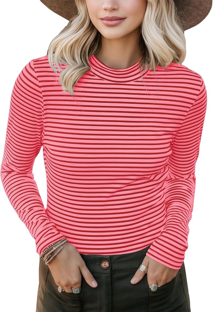 PrinStory Womens Long Sleeve Shirts Knit Slim Fit Basic Tee Tops 2024 Going Out Workout Outfits | Amazon (US)