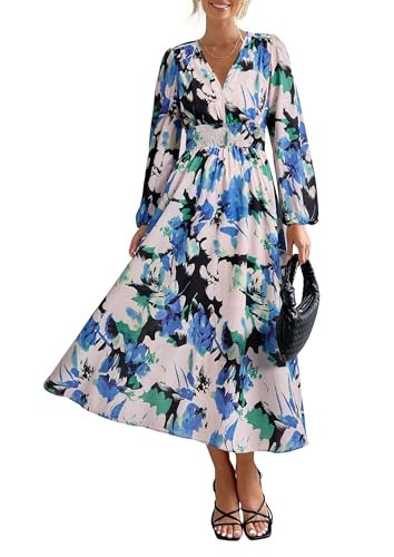 PRETTYGARDEN Women's Floral Midi Dress Casual Fall V Neck Long Sleeve Flowy Spring Beach Wedding Guest Vacation Dresses (Black Blue Floral,Small) | Amazon (US)