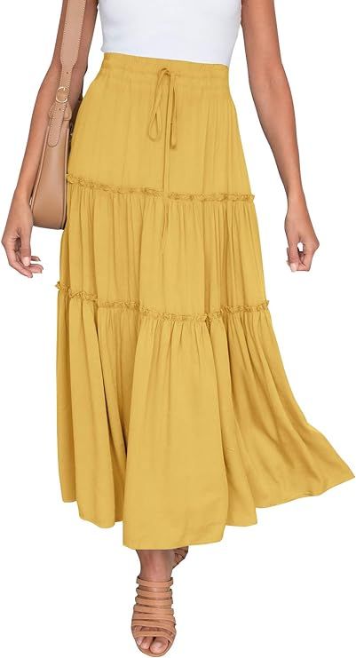 HAEOF Women's Boho Elastic High Waist A Line Ruffle Swing Beach Maxi Skirt with Pockets | Amazon (US)