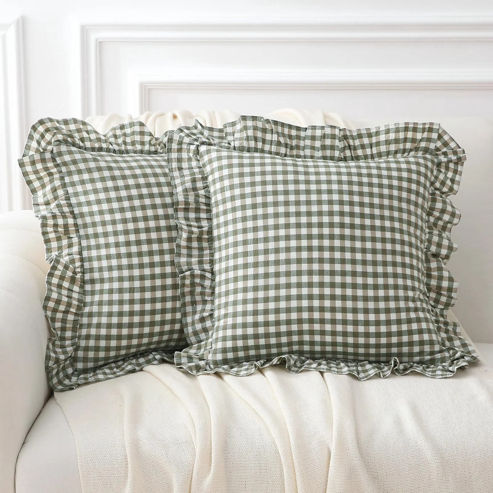 2 Pack Sage Green Plaid Ruffle Gingham Throw Pillow Covers, 100% Washed Cotton Checkered Farmhous... | Walmart (US)