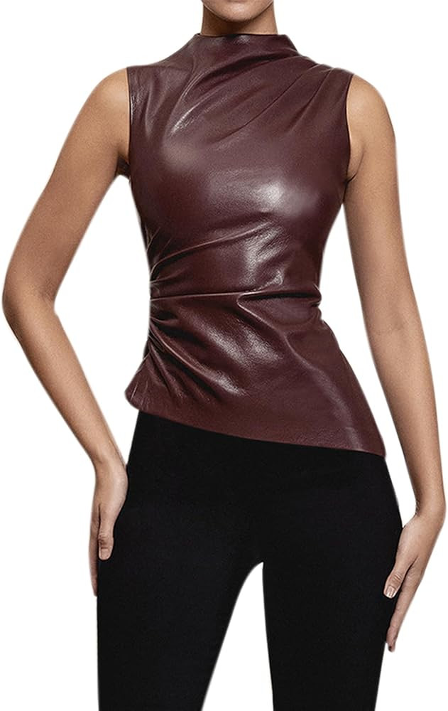 ANKOMINA Women's Sexy PU Leather Sleeveless Tank Tops Asymmetrical Ruched Blouse Y2K T Shirt Part... | Amazon (US)