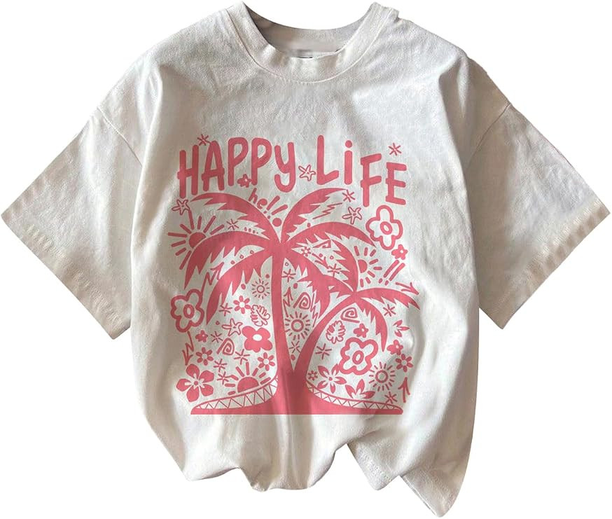 Girl's Graphic Tees Short Sleeve Bow Print Tee Tops Crew Neck Drop Shoulder Casual Summer T Shirt... | Amazon (US)