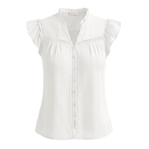 Belle Poque Women's Ruffle Sleeve Cotton Shirts V Neck Button Down Lace Crochet Blouses Spring Summer Dressy Casual Tops 2026 White XXL | Amazon (US)
