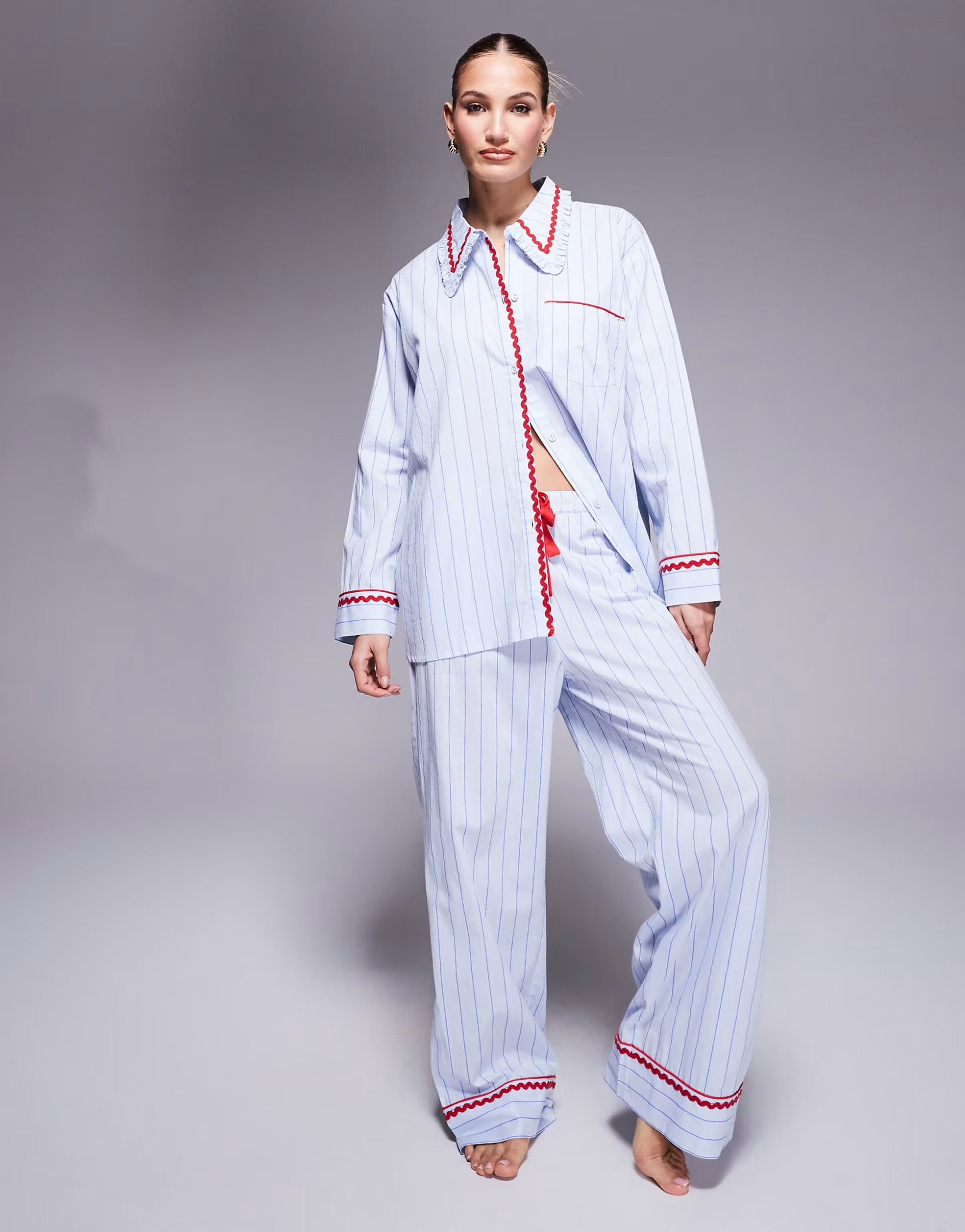 ASOS DESIGN woven stripe pyjama set with rik rak trim and gift bag in blue | ASOS (Global)