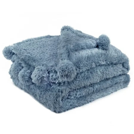PAVILIA Dusty Blue Sherpa Throw Blanket for Couch Pom Pom | Fluffy Plush Soft Blanket for Sofa Bed | | Walmart (US)
