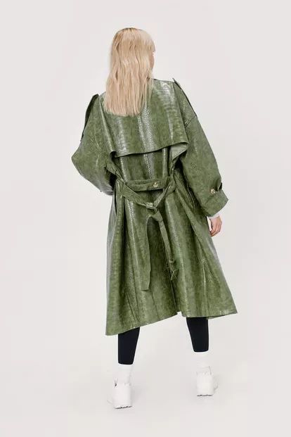 Faux Leather Croc Print Oversized Trench Coat | Nasty Gal (US)