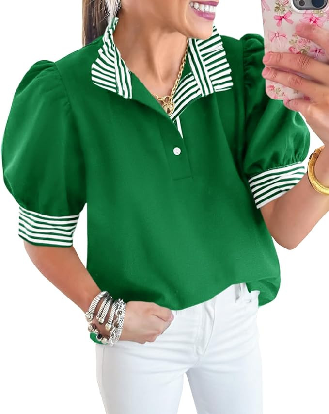 Cicy Bell Womens Summer Puff Sleeve Blouses Casual Dressy Ruffle V Neck Tops Color Block Striped ... | Amazon (US)