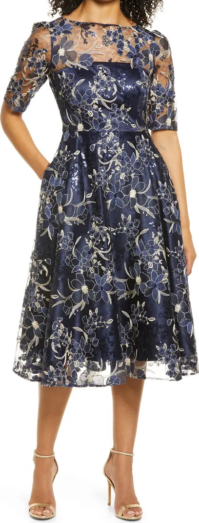 Eliza J Sequin Floral Embroidery Fit & Flare Cocktail Midi Dress | Nordstrom | Nordstrom