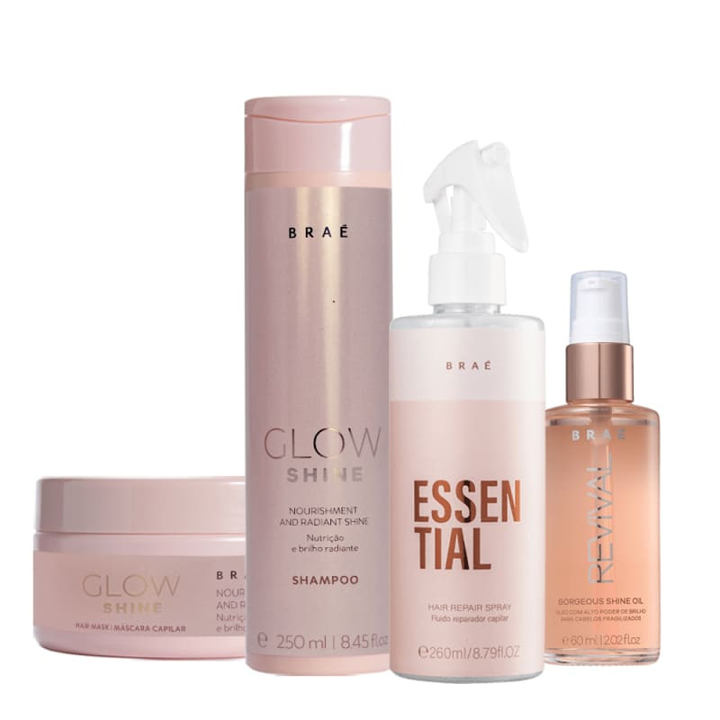 Kit Braé Glow Shine Shampoo Máscara Essential e Óleo Gorgeous  (4 produtos) | Beleza Na Web (BR)