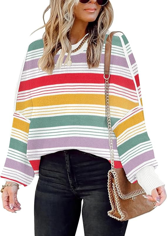 ETCYY Womens Oversized Sweaters Fall 2025 Fashion Clothes Trendy Batwing Sleeve Colorblock Stripe... | Amazon (US)