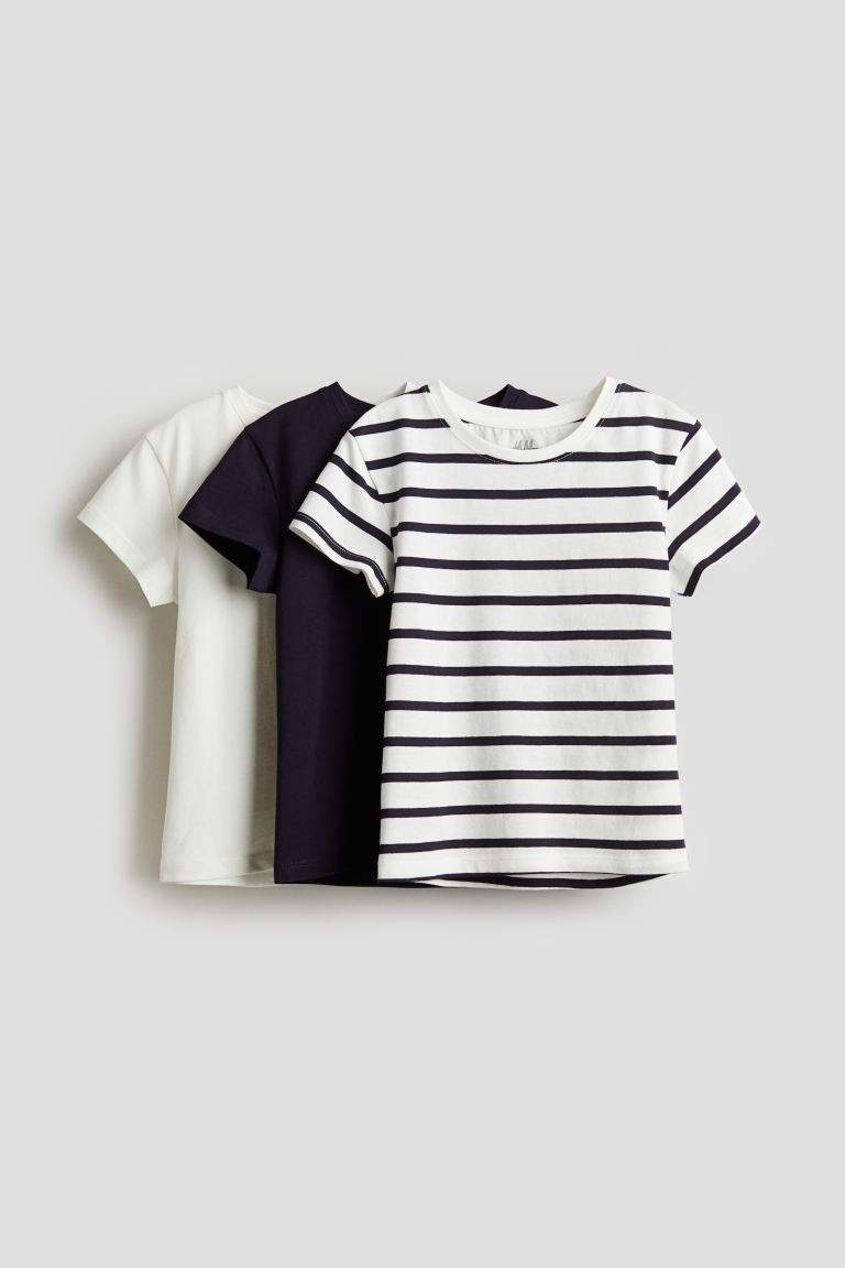 3-pack Cotton Tops - Round Neck - Short sleeve - Navy blue/white - Kids | H&M US | H&M (US + CA)