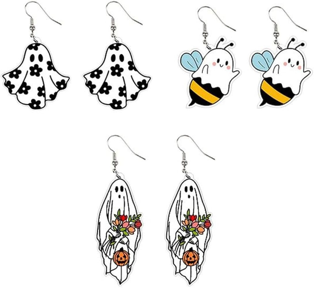 Halloween Ghost Earrings for Women Cute Cartoon Halloween Flower Pumpkin Bee Ghost Acrylic Earrin... | Amazon (US)