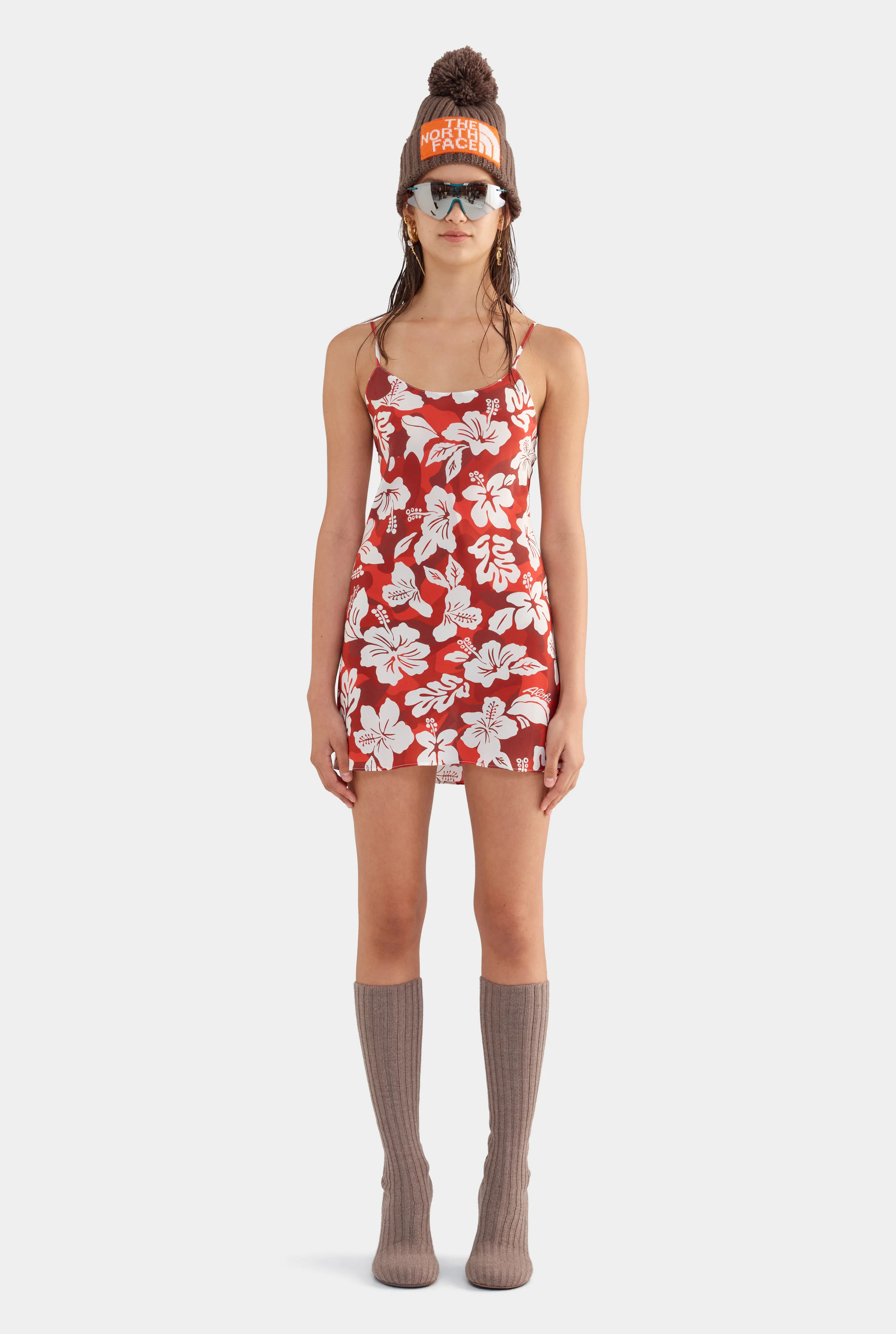 Womens Silk Slip Mini Dress in Red Hibiscus Camo | Venroy | Venroy AU