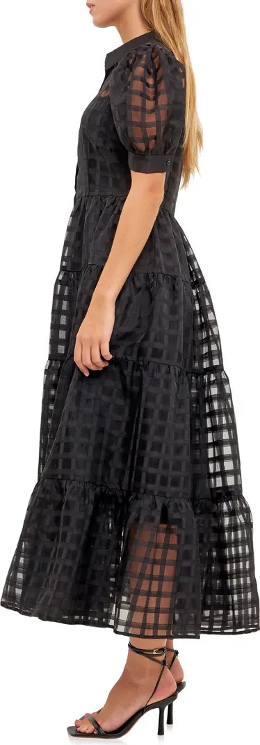 English Factory Grid Pattern Tiered Midi Shirtdress in Fuchsia at Nordstrom, Size Medium | Nordstrom