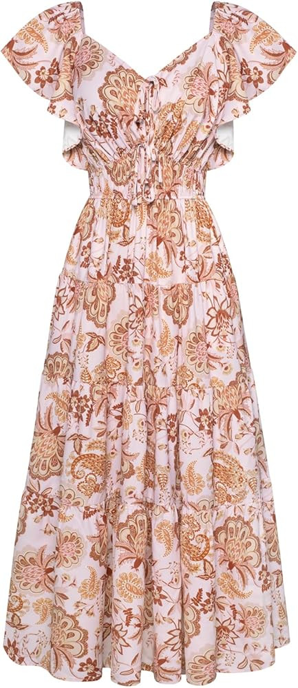 GRACE KARIN Womens 2025 Floral Summer V-Neck Ruffle Sleeve Empire Waist A-Line Casual Maxi Tiered... | Amazon (US)
