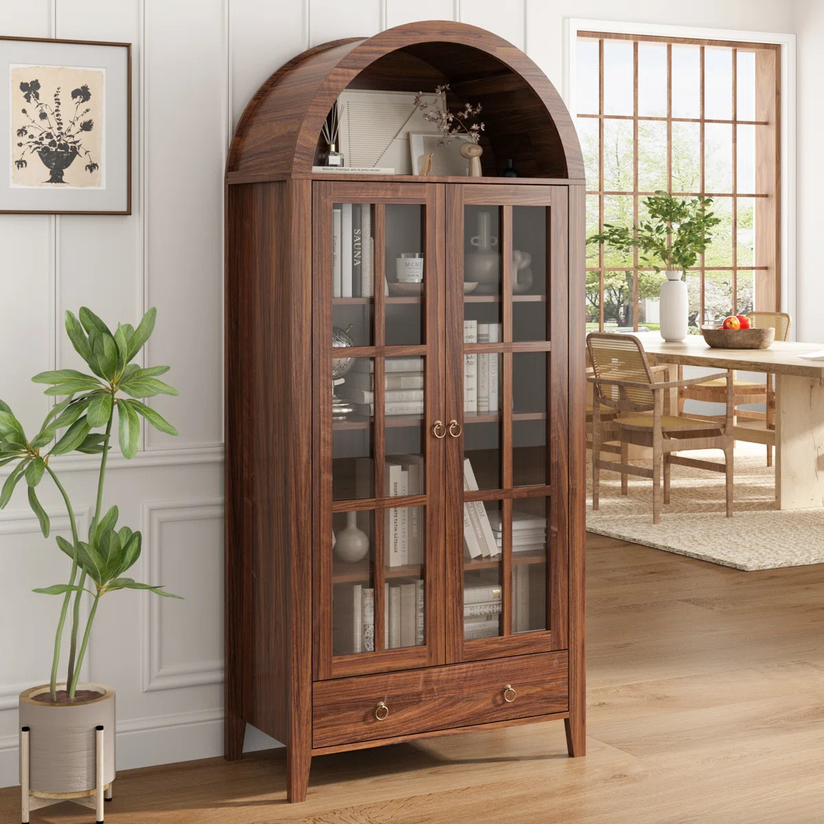 Kalaen 71" Arched Display Wood Cabinet with Tempered Glass and Adjustable Shelves | Wayfair North America