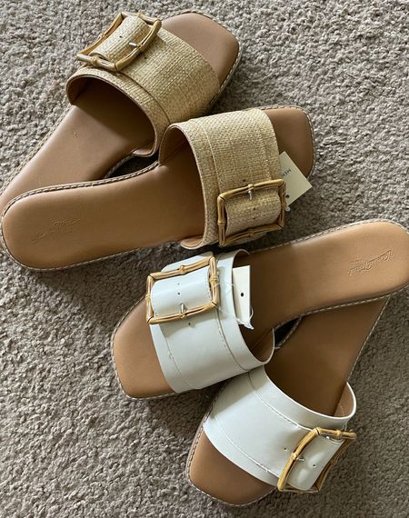 Raffia slide sandals with faux bamboo buckles - on sale for $20 and true to size! 

#LTKsalealert #LTKshoecrush #LTKunder50