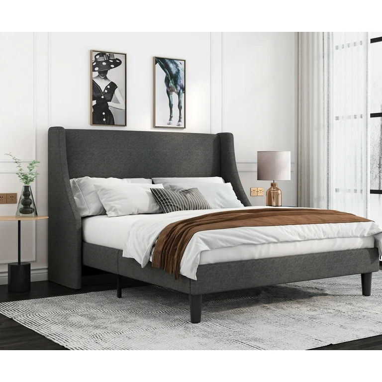 Allewie Queen Size Fabric Upholstered Platform Bed Frame with Wingback Headboard, Dark Grey | Walmart (US)