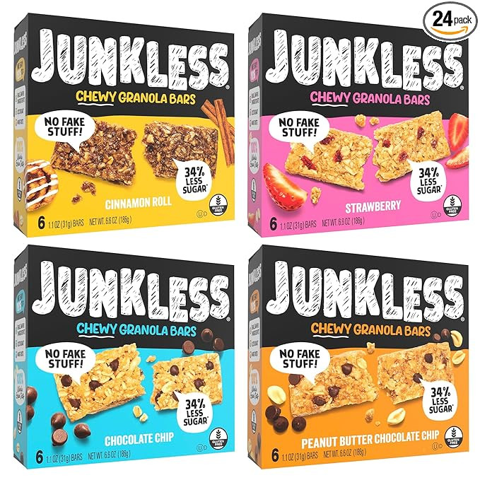 Junkless Chewy Granola Bar 4-Flavor Variety Pack - Less Sugar, Great Tasting, Wholesome Snacks - ... | Amazon (US)