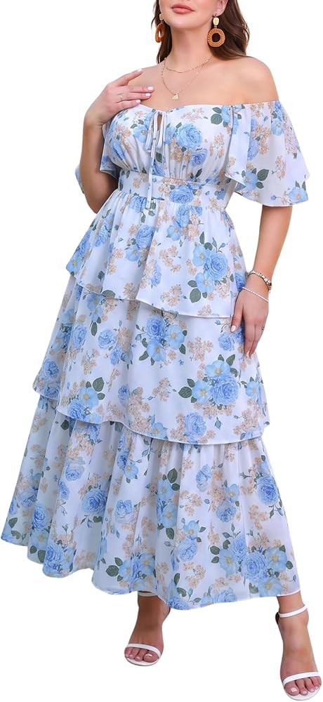 EYWOL Plus Size Summer Dresses for Women Floral Off Shoulder Smocked Waist Tiered Ruffle Casual B... | Amazon (US)