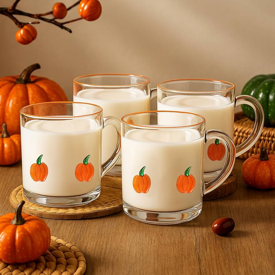 4 Pack Fall Icon Glass Cups 14oz Pumpkin Mug with Handle Clear Drinking Glasses Double Old Fashio... | Amazon (US)