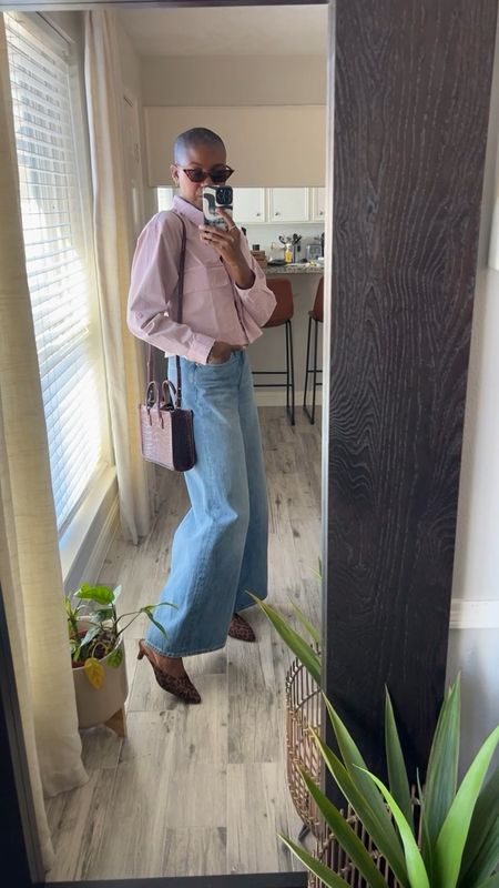 Casual Sunday lunch outfit! Light pink cropped utility shirt, wide leg jeans, leopard print mules with a low heel, and maroon croc texture purse  

#LTKVideo #LTKfindsunder100 #LTKshoecrush